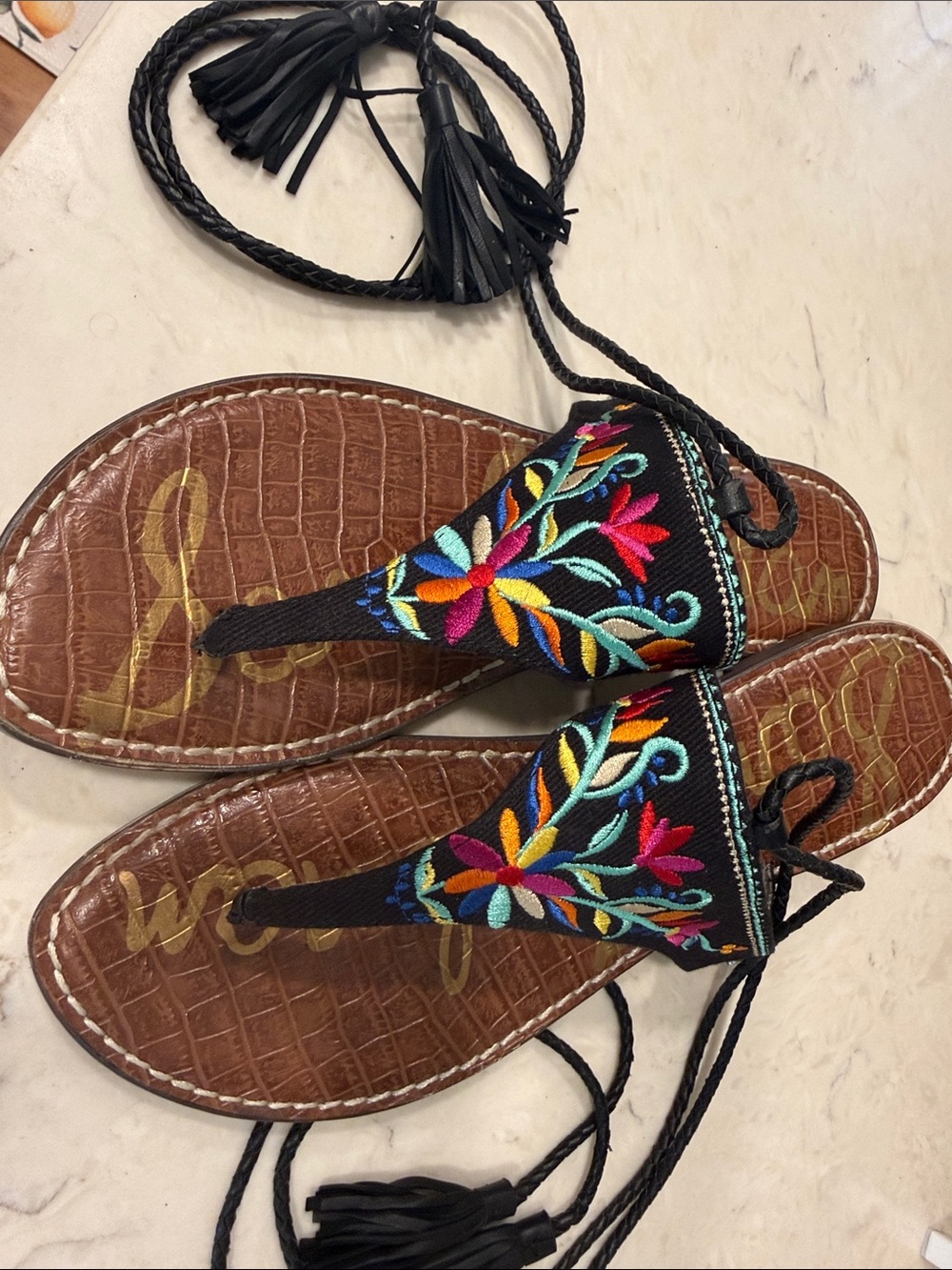 Sam Edelman Black Embroidered Thong Sandals with Multicolor Floral Stitching